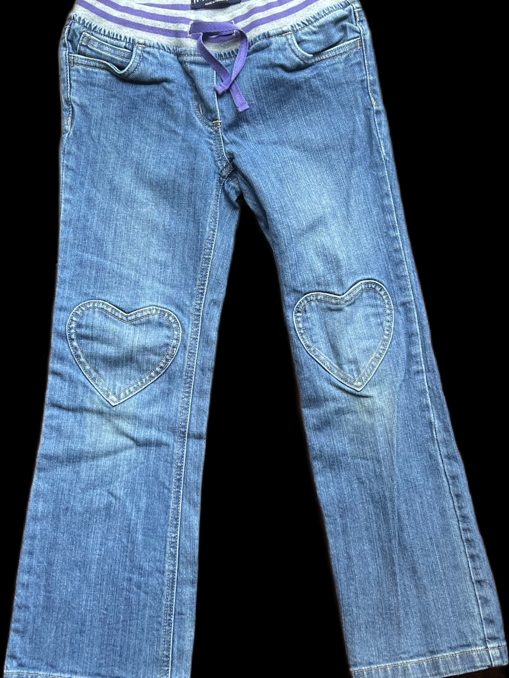 Mini Boden Light Blue Jeans with Purple Waist Tie and Heart Knee Patches